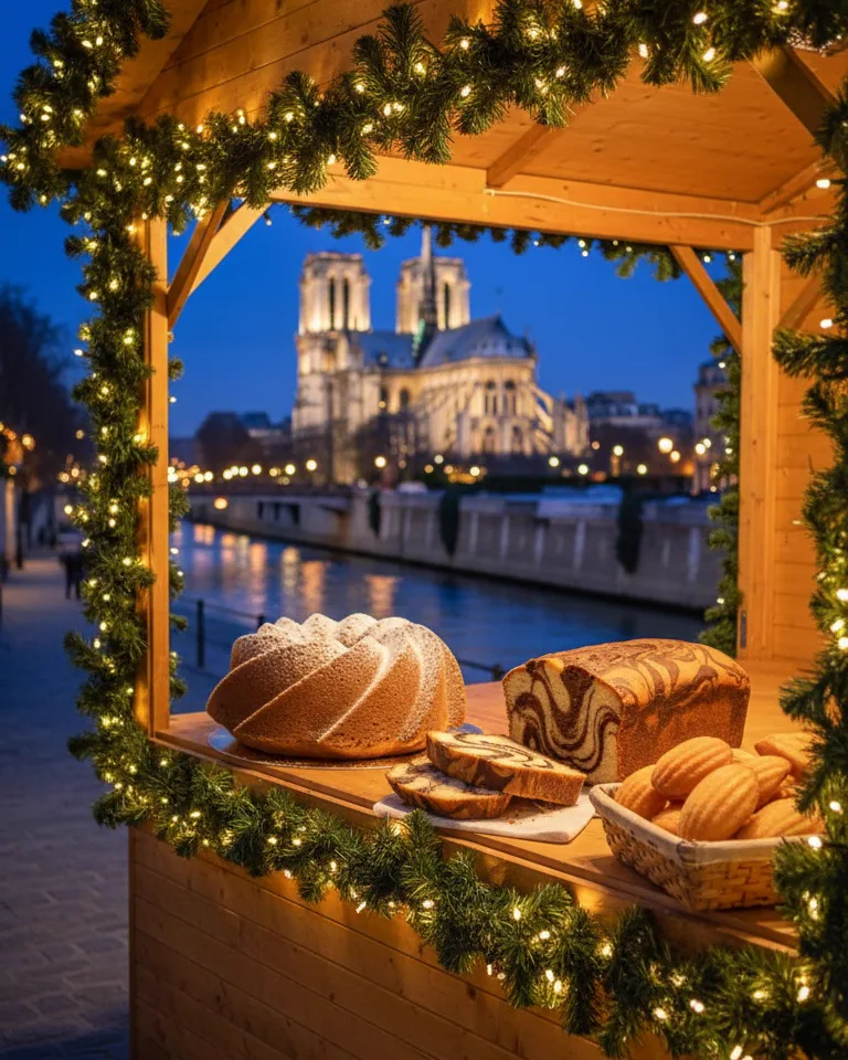 Un comptoir en bois décoré de guirlandes, des cakes sur le comptoir, Notre-Dame en arrière-plan